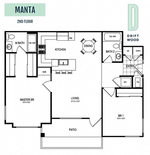 Manta 2nd Floor - 2 Bedroom 2 Bath Floor Plan Layout - 1025 Square Feet at Driftwood, San Diego, 92109